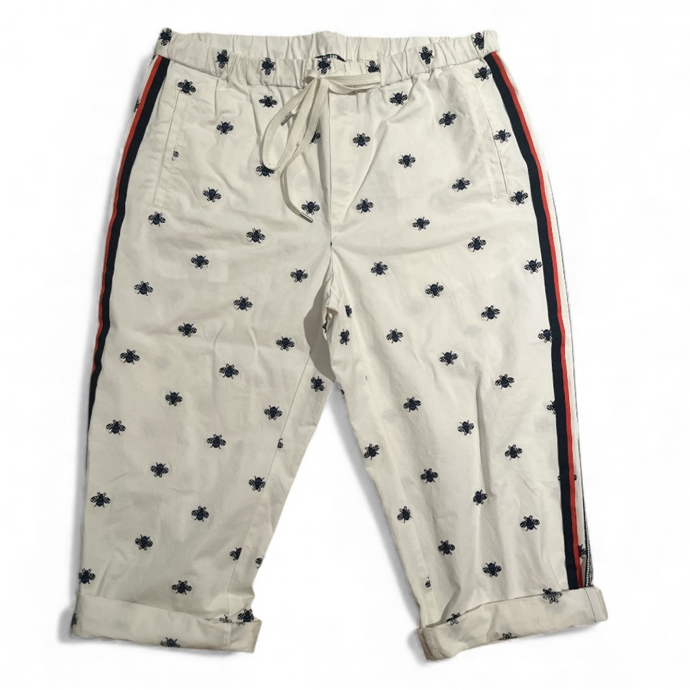Anthropologie White Pants with Navy Bee Print and Stripes